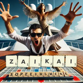 Creative illustration for a Scrabble game with the word ZAIKAI spelled out in tiles on the board.