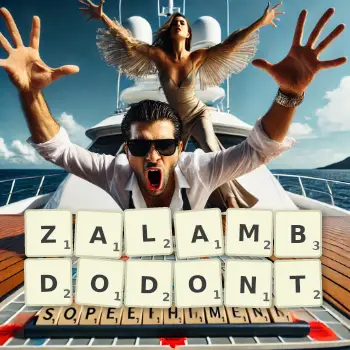 Creative illustration for a Scrabble game with the word ZALAMBDODONT spelled out in tiles on the board.