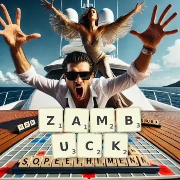 Creative illustration for a Scrabble game with the word ZAMBUCK spelled out in tiles on the board.