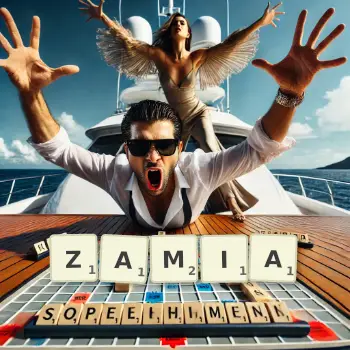 Creative illustration for a Scrabble game with the word ZAMIA spelled out in tiles on the board.