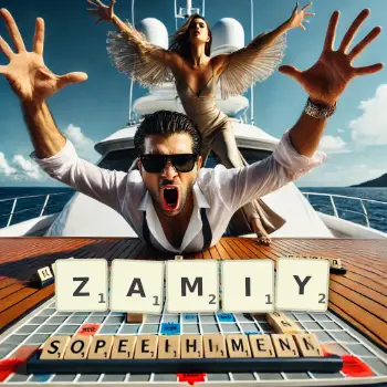 Creative illustration for a Scrabble game with the word ZAMIY spelled out in tiles on the board.