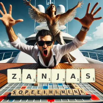 Creative illustration for a Scrabble game with the word ZANJAS spelled out in tiles on the board.