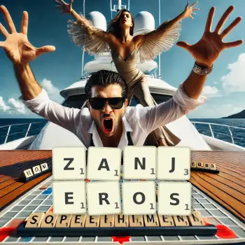 Creative illustration for a Scrabble game with the word ZANJEROS spelled out in tiles on the board.
