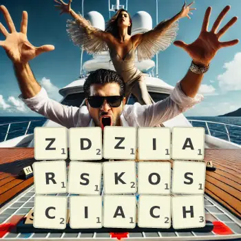 Creative illustration for a Scrabble game with the word ZDZIARSKOSCIACH spelled out in tiles on the board.