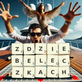 Creative illustration for a Scrabble game with the word ZDZIEBELECZKACH spelled out in tiles on the board.
