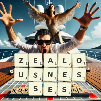 Creative illustration for a Scrabble game with the word ZEALOUSNESSES spelled out in tiles on the board.