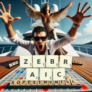 Creative illustration for a Scrabble game with the word ZEBRAIC spelled out in tiles on the board.
