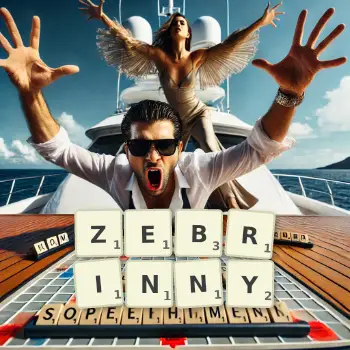 Creative illustration for a Scrabble game with the word ZEBRINNY spelled out in tiles on the board.