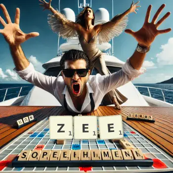 Creative illustration for a Scrabble game with the word ZEE spelled out in tiles on the board.