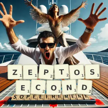 Creative illustration for a Scrabble game with the word ZEPTOSECOND spelled out in tiles on the board.