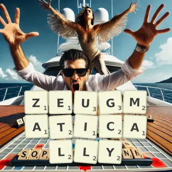 Creative illustration for a Scrabble game with the word ZEUGMATICALLY spelled out in tiles on the board.