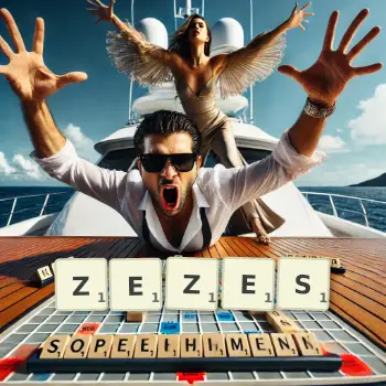 Creative illustration for a Scrabble game with the word ZEZES spelled out in tiles on the board.