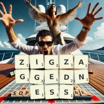 Creative illustration for a Scrabble game with the word ZIGZAGGEDNESS spelled out in tiles on the board.