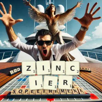 Creative illustration for a Scrabble game with the word ZINCIER spelled out in tiles on the board.