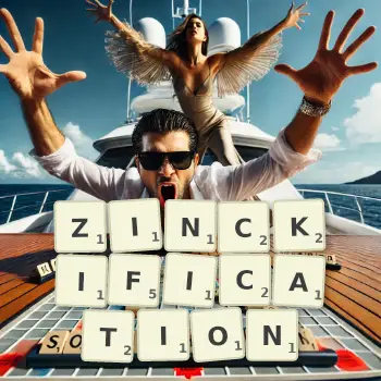 Creative illustration for a Scrabble game with the word ZINCKIFICATION spelled out in tiles on the board.