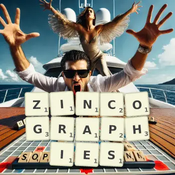Creative illustration for a Scrabble game with the word ZINCOGRAPHIES spelled out in tiles on the board.