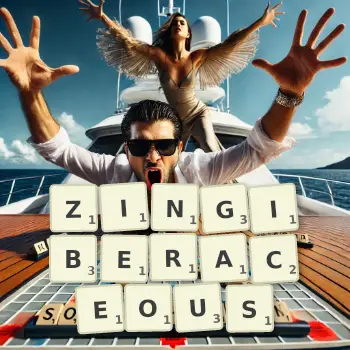 Creative illustration for a Scrabble game with the word ZINGIBERACEOUS spelled out in tiles on the board.