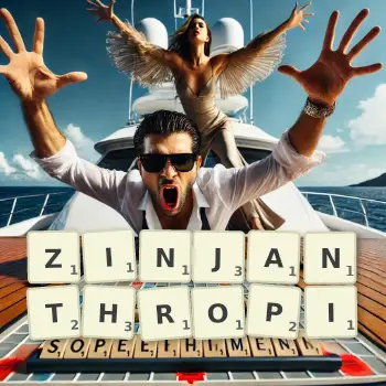 Creative illustration for a Scrabble game with the word ZINJANTHROPI spelled out in tiles on the board.
