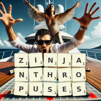 Creative illustration for a Scrabble game with the word ZINJANTHROPUSES spelled out in tiles on the board.