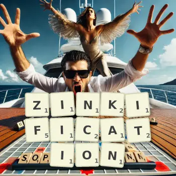Creative illustration for a Scrabble game with the word ZINKIFICATION spelled out in tiles on the board.