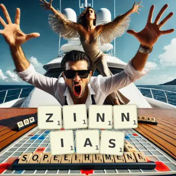 Creative illustration for a Scrabble game with the word ZINNIAS spelled out in tiles on the board.