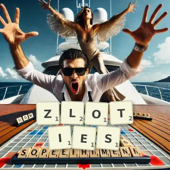 Creative illustration for a Scrabble game with the word ZLOTIES spelled out in tiles on the board.