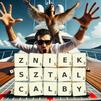 Creative illustration for a Scrabble game with the word ZNIEKSZTALCALBY spelled out in tiles on the board.