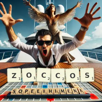 Creative illustration for a Scrabble game with the word ZOCCOS spelled out in tiles on the board.
