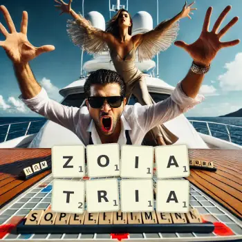 Creative illustration for a Scrabble game with the word ZOIATRIA spelled out in tiles on the board.