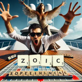 Creative illustration for a Scrabble game with the word ZOIC spelled out in tiles on the board.