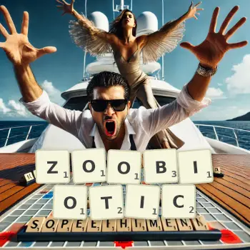 Creative illustration for a Scrabble game with the word ZOOBIOTIC spelled out in tiles on the board.
