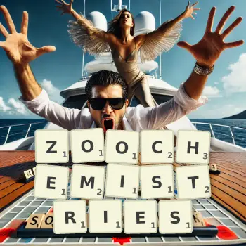 Creative illustration for a Scrabble game with the word ZOOCHEMISTRIES spelled out in tiles on the board.