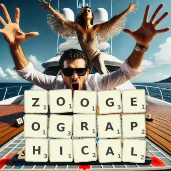 Creative illustration for a Scrabble game with the word ZOOGEOGRAPHICAL spelled out in tiles on the board.