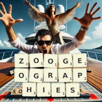 Creative illustration for a Scrabble game with the word ZOOGEOGRAPHIES spelled out in tiles on the board.