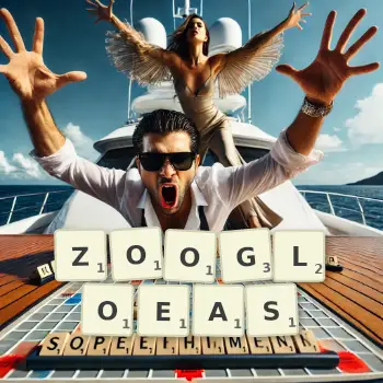 Creative illustration for a Scrabble game with the word ZOOGLOEAS spelled out in tiles on the board.