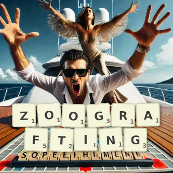 Creative illustration for a Scrabble game with the word ZOOGRAFTING spelled out in tiles on the board.