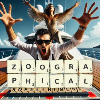 Creative illustration for a Scrabble game with the word ZOOGRAPHICAL spelled out in tiles on the board.