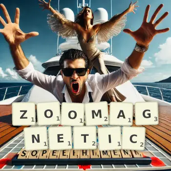 Creative illustration for a Scrabble game with the word ZOOMAGNETIC spelled out in tiles on the board.