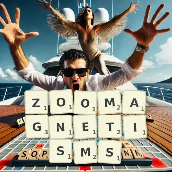 Creative illustration for a Scrabble game with the word ZOOMAGNETISMS spelled out in tiles on the board.