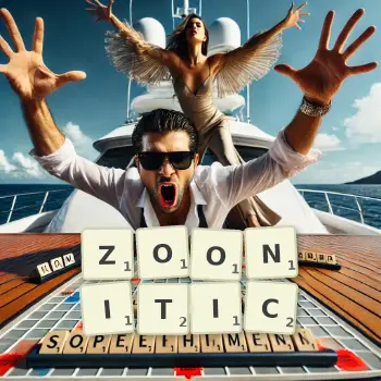 Creative illustration for a Scrabble game with the word ZOONITIC spelled out in tiles on the board.