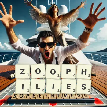 Creative illustration for a Scrabble game with the word ZOOPHILIES spelled out in tiles on the board.