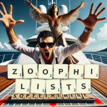 Creative illustration for a Scrabble game with the word ZOOPHILISTS spelled out in tiles on the board.