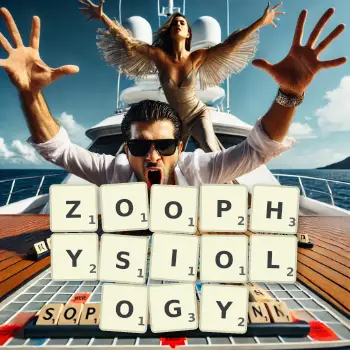 Creative illustration for a Scrabble game with the word ZOOPHYSIOLOGY spelled out in tiles on the board.