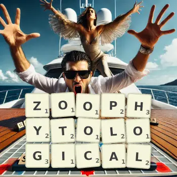 Creative illustration for a Scrabble game with the word ZOOPHYTOLOGICAL spelled out in tiles on the board.