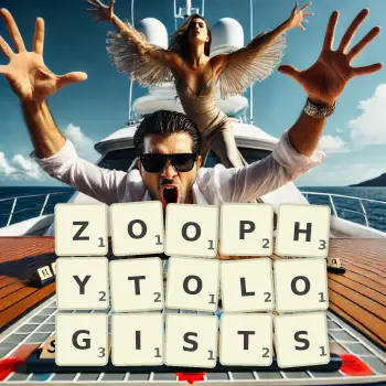 Creative illustration for a Scrabble game with the word ZOOPHYTOLOGISTS spelled out in tiles on the board.