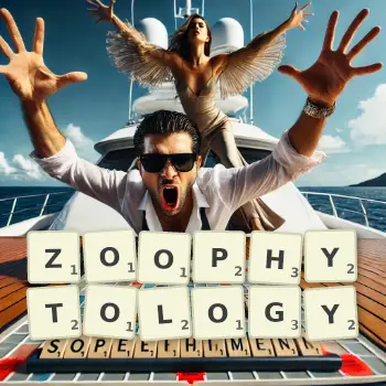 Creative illustration for a Scrabble game with the word ZOOPHYTOLOGY spelled out in tiles on the board.