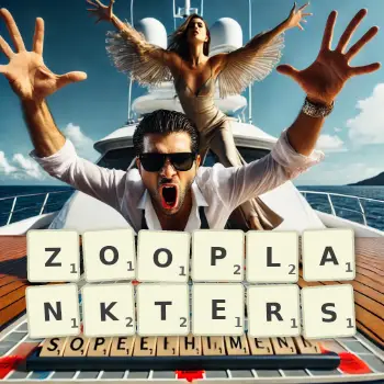 Creative illustration for a Scrabble game with the word ZOOPLANKTERS spelled out in tiles on the board.