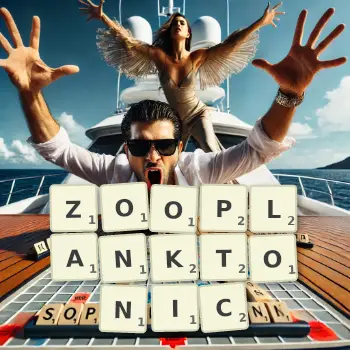 Creative illustration for a Scrabble game with the word ZOOPLANKTONIC spelled out in tiles on the board.
