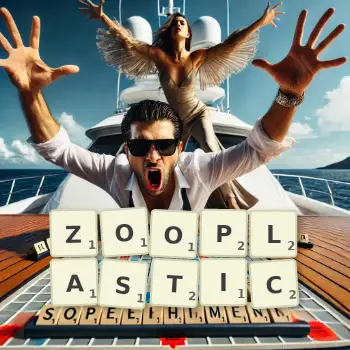 Creative illustration for a Scrabble game with the word ZOOPLASTIC spelled out in tiles on the board.