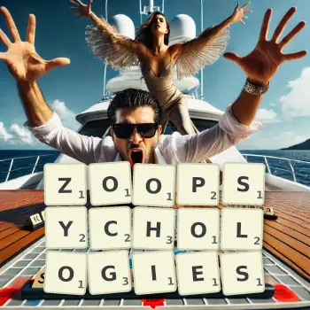 Creative illustration for a Scrabble game with the word ZOOPSYCHOLOGIES spelled out in tiles on the board.